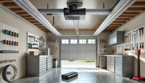 Sleek garage door opener mounted on the ceiling of a well-organized residential garage